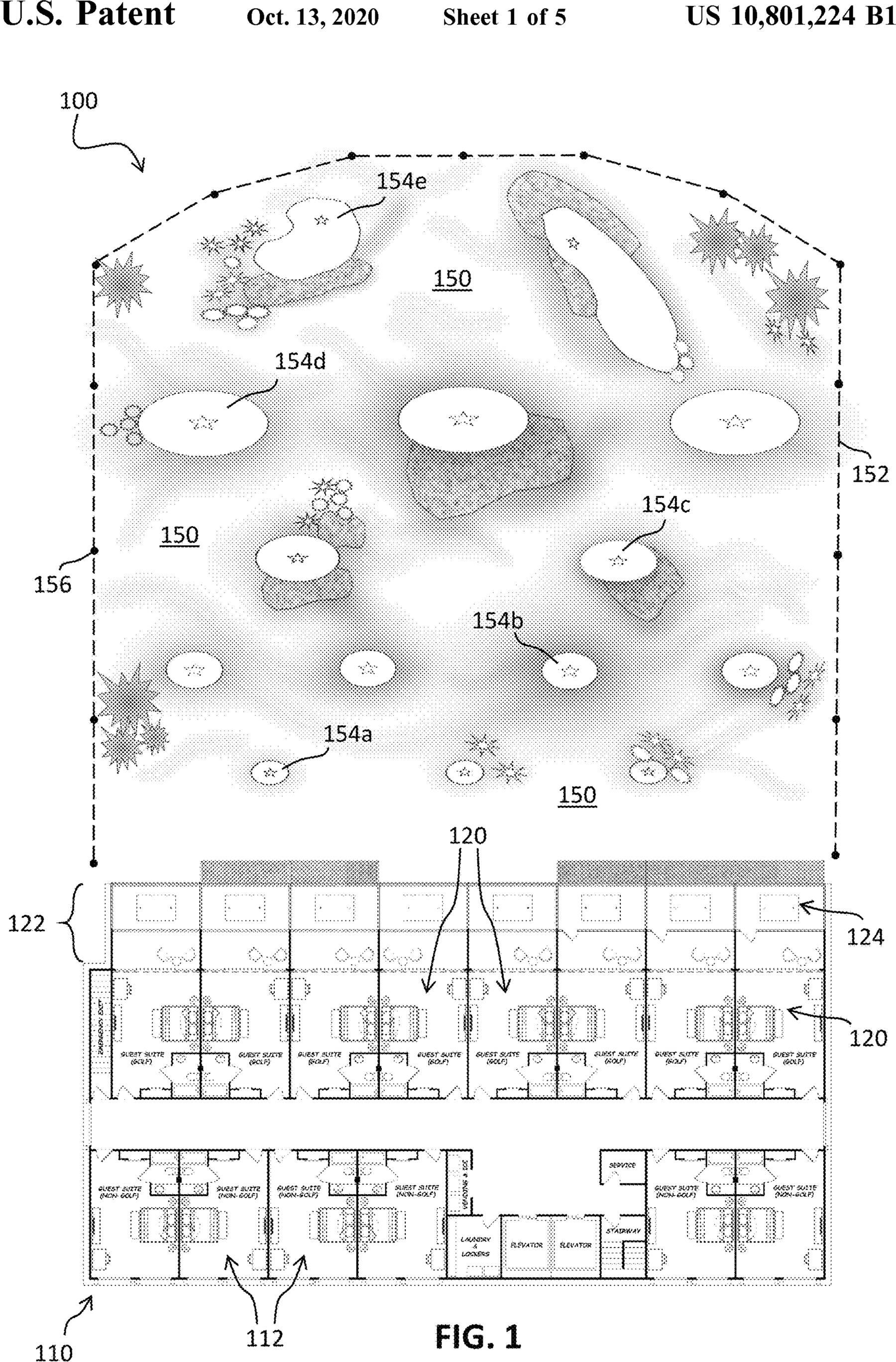 Figure 1 from US Patent 10,801,224 showing an accommodations complex with guest units facing a golf target area
